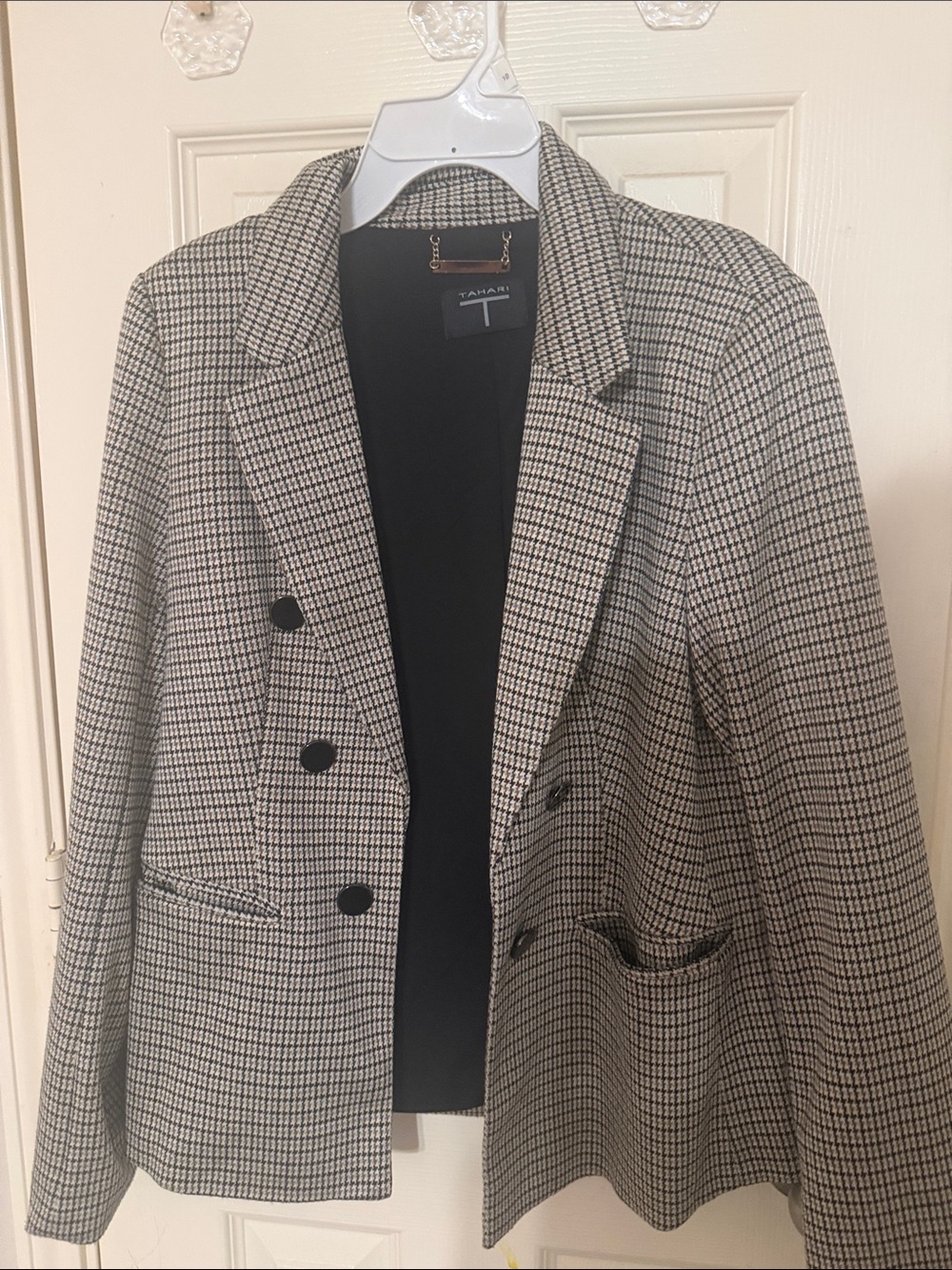 Tahari Black and White Houndstooth Double-Breasted Blazer